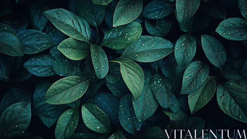 Macro foliage closeup with rain droplets on dark green leaves