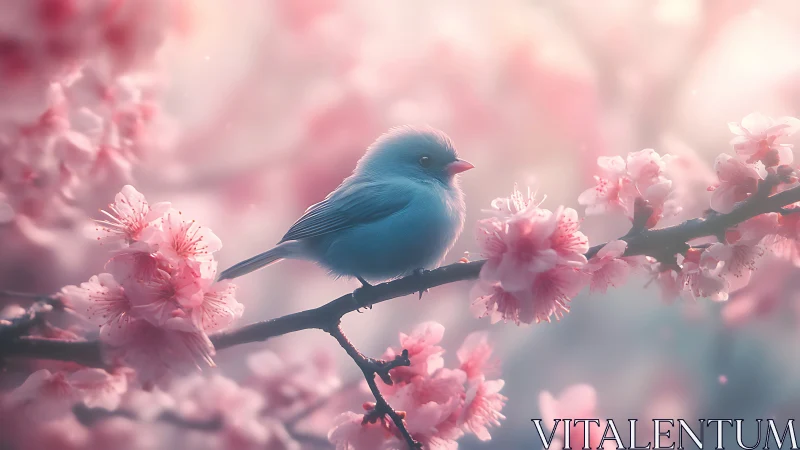 Blue Bird Perched Among Blooming Pink Cherry Blossoms.