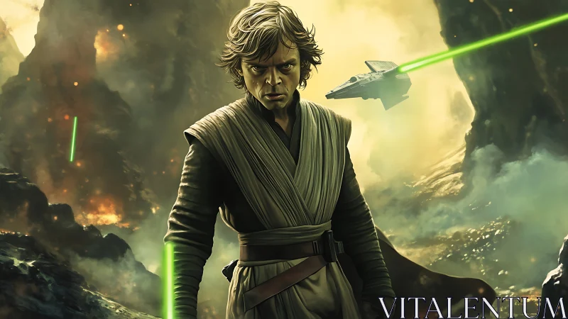 Storm-lit space warrior amid emerald laser fury stands poised.