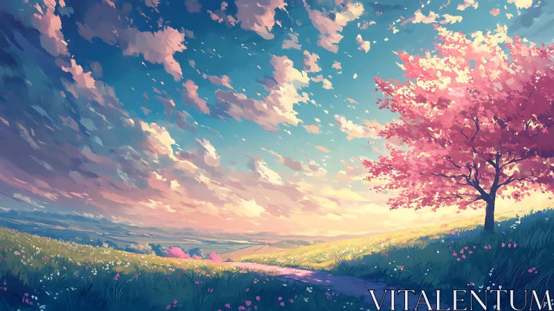 Digital painting of spring hillside path with luminous sakura tree.
