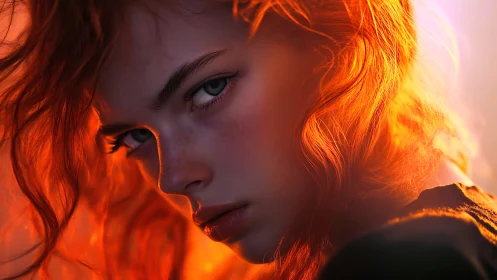 Fiery backlight ignites intense red-haired portrait gaze.