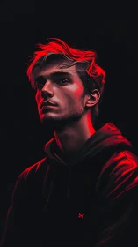 Male portrait in dark setting with red edge lighting effect.