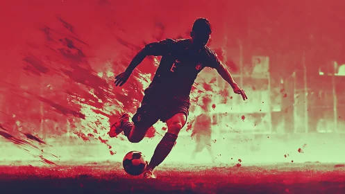 Soccer player striking ball with red dynamic background.