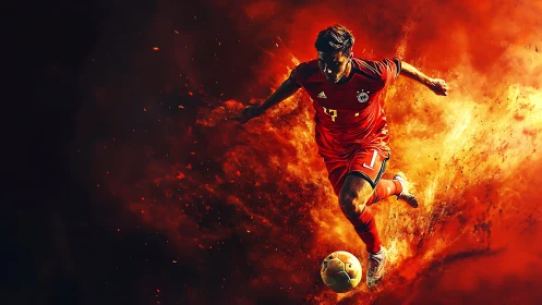 Dynamic soccer striker bursts through fiery particle field