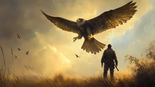 Majestic Hawk and Man in Dramatic Sunset Landscape, Digital Art.