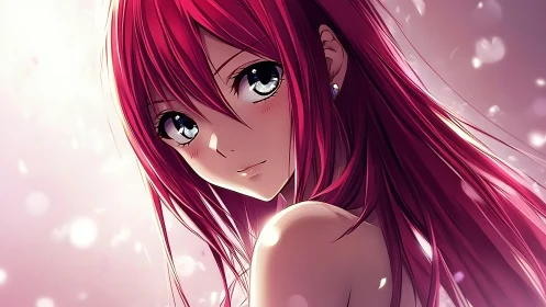 Crimson haired anime girl in soft bokeh light portrait.