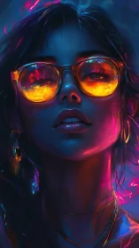 Neon-lit cyberpunk portrait with reflective orange glasses