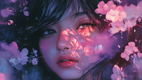 Digital painting portrait with ethereal floral light overlays.