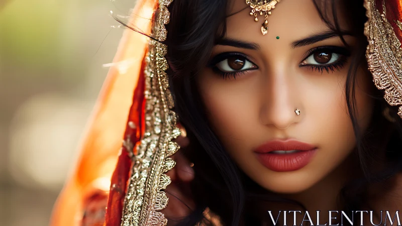 Glimmering bridal gaze rests beneath an ornate golden veil