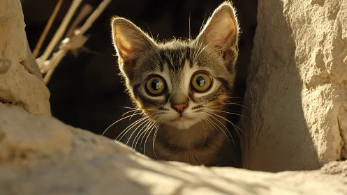 Tabby Cat Peering Through Stone Archway at Night