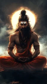 Ascetic yogi in fiery meditation beneath radiant halo