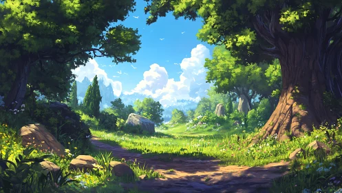 Hierarchical woodland landscape with volumetric atmospheric perspective and digital rendering