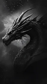 Dragon head rendered in high contrast monochrome profile