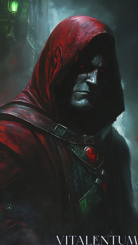 Hooded figure in red cloak with glowing eyes in mist.