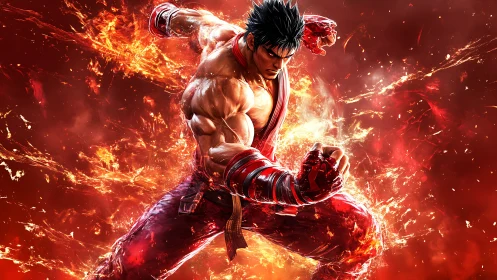 Flaming martial artist executes dynamic punch in red vortex