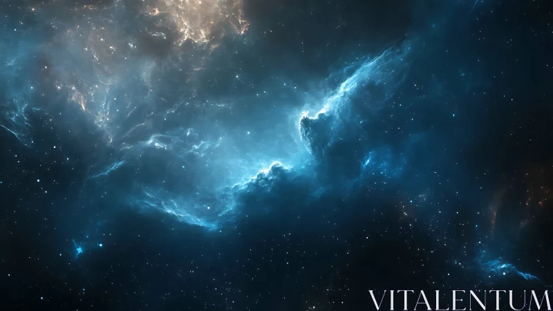 Luminous blue nebula swirls through deep star filled void