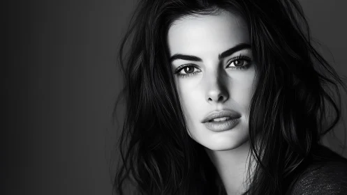 Monochrome portrait captures intense gaze and loose hair.