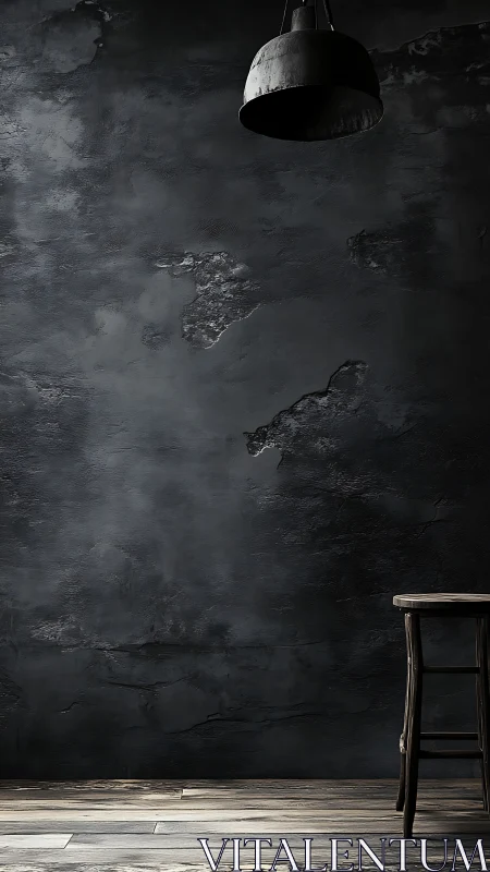 Industrial stool and lamp against dark textured wall.