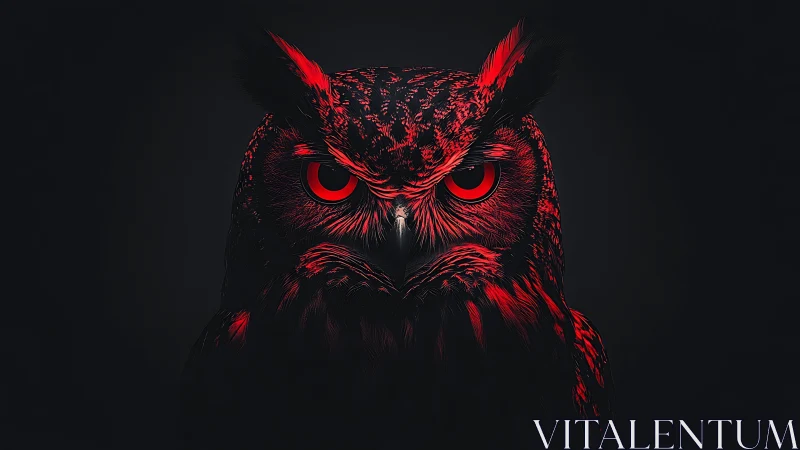 Midnight ember owl with glowing red gaze in the dark.