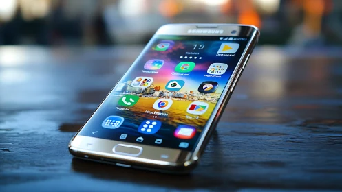 Samsung smartphone displaying home screen with application interface