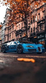 Blue supercar parked on city street in autumn light.