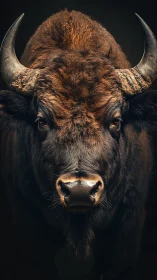 Frontal close-up study of horned bison against dark field.