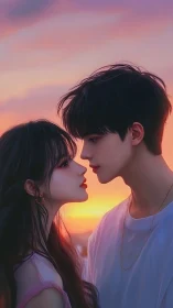 Couple in Profile Against Sunset Sky.