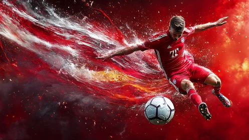 Dynamic soccer striker in mid-air kick with fluid motion trails
