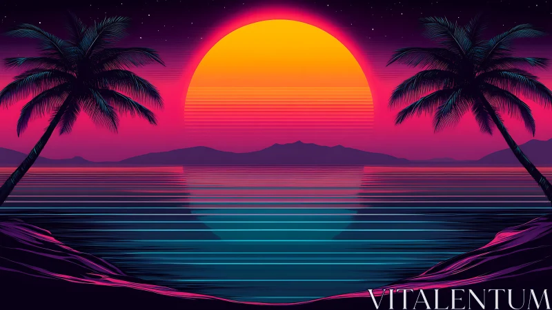 Neon sun sinks behind palms in a tranquil synthwave seascape