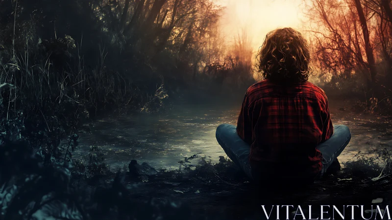 Figure seated by misty forest water under diffuse light.