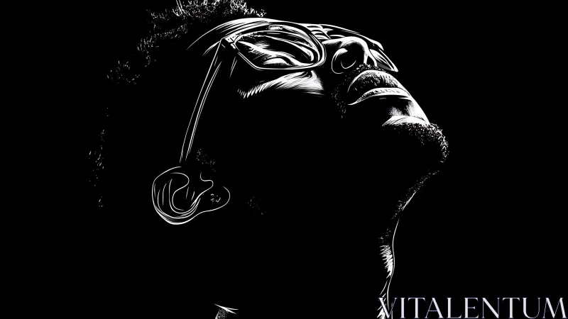 High-contrast monochrome portrait in upward gaze profile.