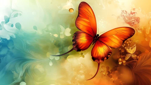 Orange butterfly over teal and gold abstract field.
