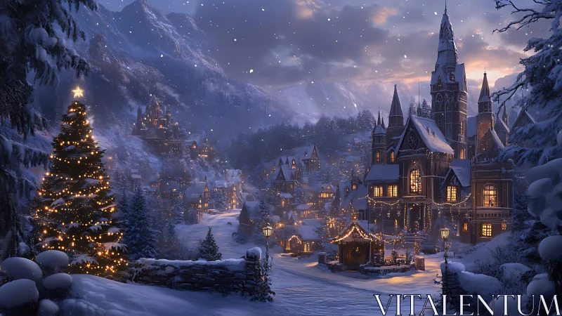 Snow covered village square glows with warm festive lights