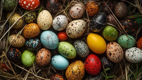 Speckled multicolor eggs cluster rests in rustic straw nest.