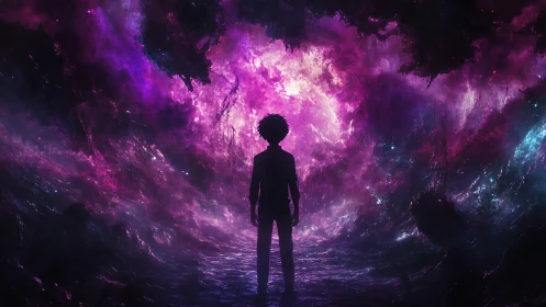 Silhouetted observer in luminous cosmic nebula corridor.