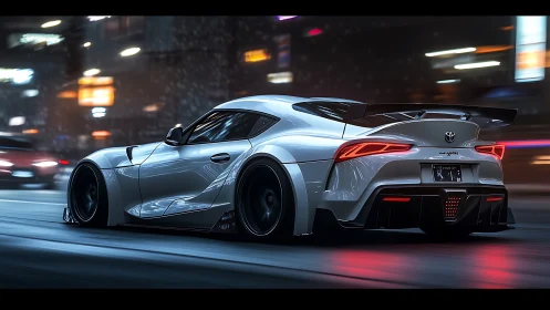 Midnight city sprint with a sleek silver sports coupe.