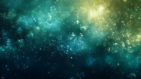 Galactic nebula glows in teal and gold against deep space