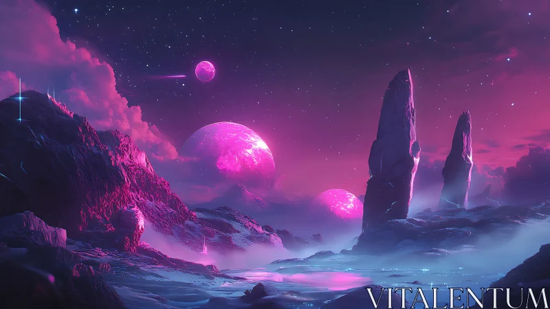 Neon magenta exoplanet landscape with monolith spires and twin moons.