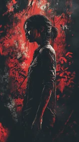 Side profile of solitary woman against red abstract field.