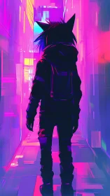 Silhouetted figure in neon alleyway with stylized cat ears.