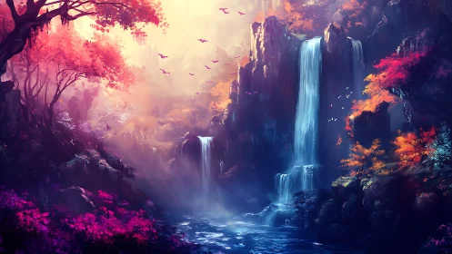 Enchanted waterfall canyon under radiant twilight sky.