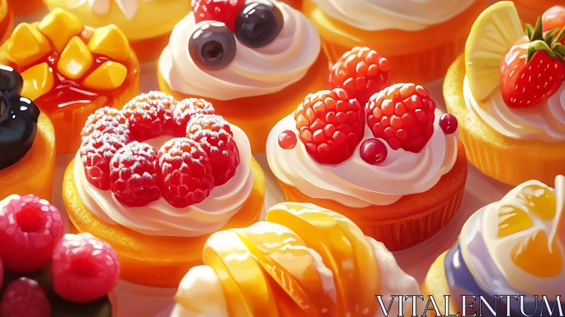 Assorted frosted fruit cupcakes in bright overhead layout.