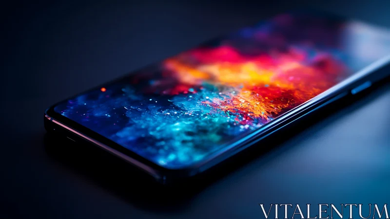 Photorealistic neon smartphone display with cosmic gradient surface.
