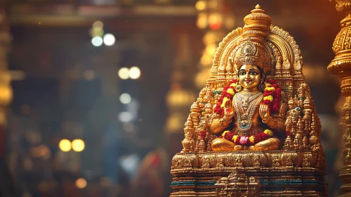 Golden Hindu deity statue with garlands in soft temple light.