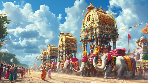 Vibrant Indian temple chariot procession with decorated elephants.