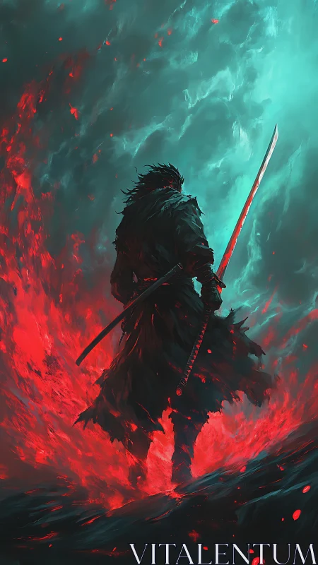 Lone swordmaster strides through infernal crimson storm.