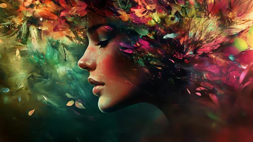 Dreaming profile within exploding aurora of petals and light.