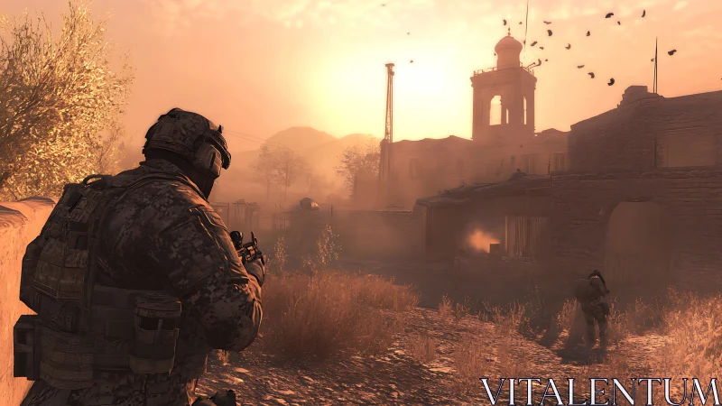 Sunlit tactical patrol moving through a quiet desert village.