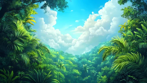 Verdant Tropical Canopy Valley with Cumulus-Laden Sky and Palm Fronds
