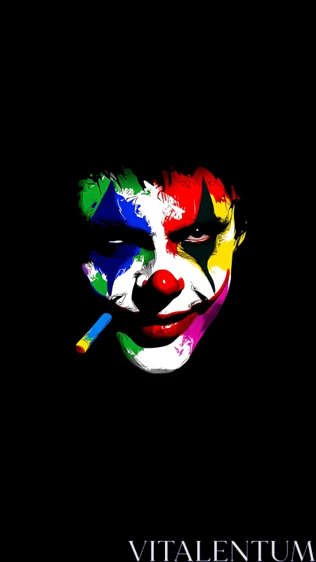 Multicolored clown face portrait on black background.